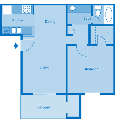 Floor plan for 1 bed, 1 bath, 650 sqft